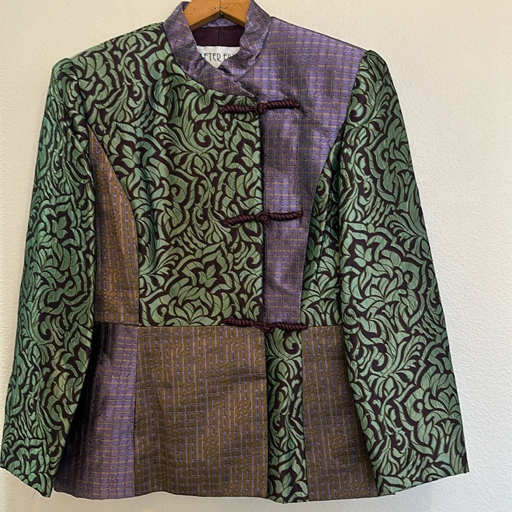 Women's Green & Purple Patterned Mandarin Jacket
